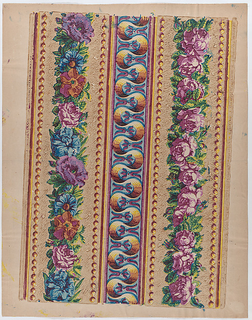 Sheet with a border with pink and multicolor floral garlands