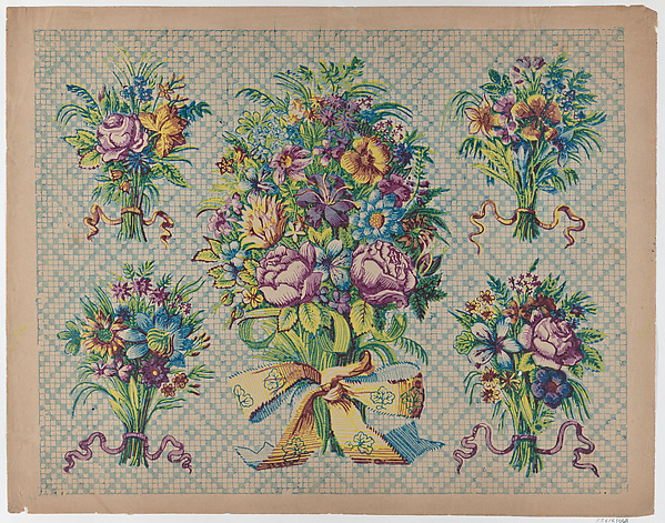 Sheet with five bouquets on a blue checkered background
