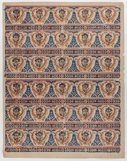 Sheet with two borders with three bands each containing five wreaths