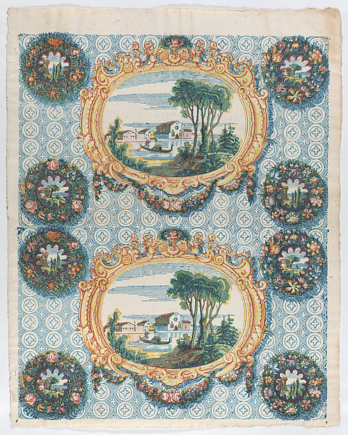 Sheet with two borders with landscapes within frames and wreaths