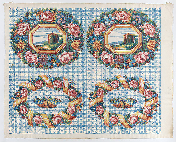 Sheet with two borders with a landscape and moth within wreaths
