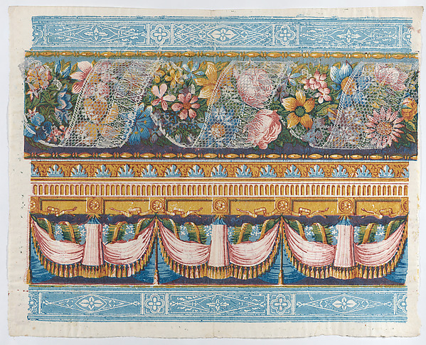 Sheet with lace atop a floral garland with drapery below