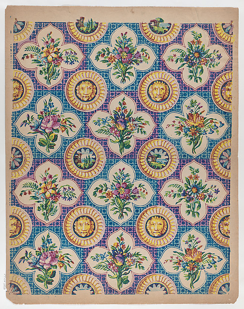 Sheet with pattern of bouquets and lion heads