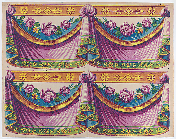 Sheet with two borders with purple drapery and floral designs