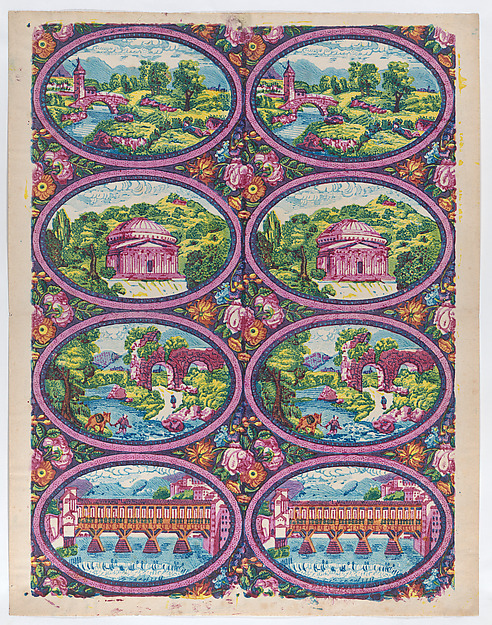 Sheet with two borders with Italian landscapes