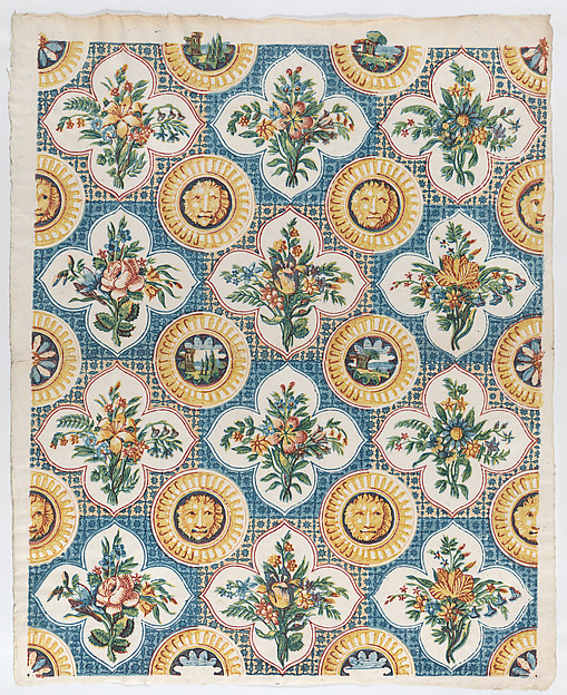 Sheet with pattern of bouquets and lion heads