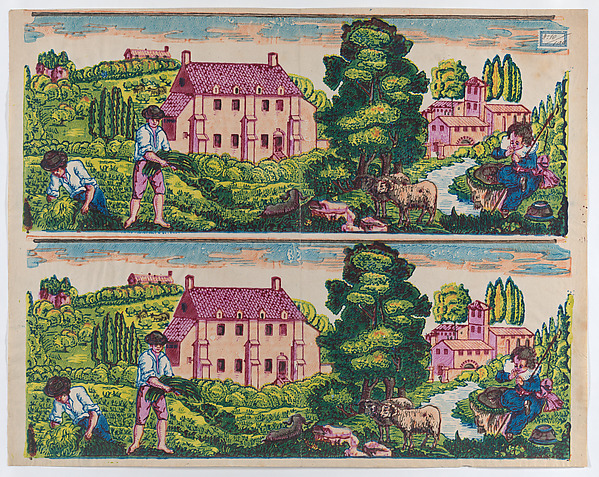 Sheet with two borders with pastoral landscapes