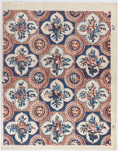 Sheet with pattern of bouquets and lion heads