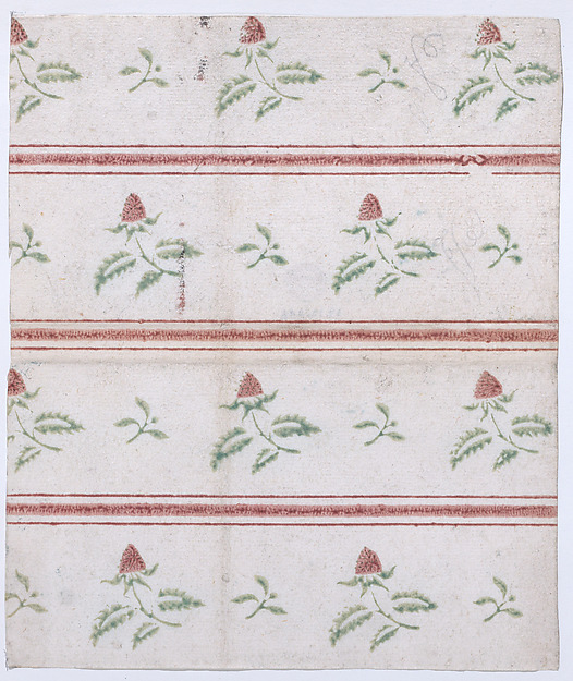 Sheet with overall leaf, flower, and stripe pattern