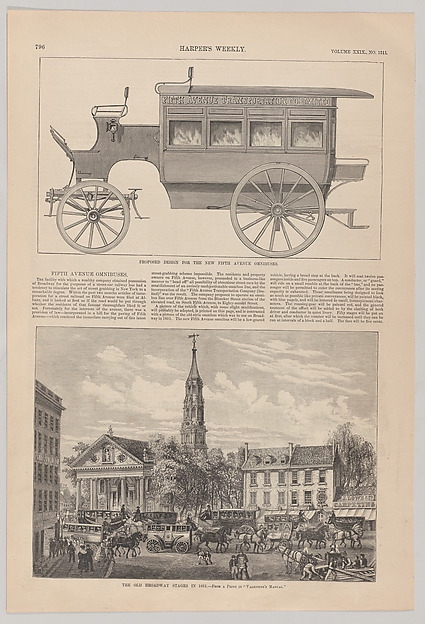 Fifth Avenue Omnibuses: Proposed Design for the New Fifth Ave Omnibus & The Old Broadway Stages in 1831, from "Harper's Weekly" by Harper's Weekly, The Metropolitan Museum of Art