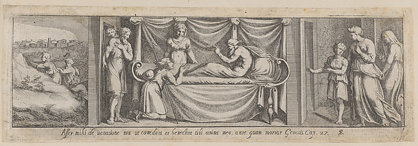 Plate 5: Isaac telling Esau to hunt for meat at left and Jacob and Rebekah at right, from Genesis 27, after a lost fresco in the basamento of Bay 5 of the Vatican Loggia