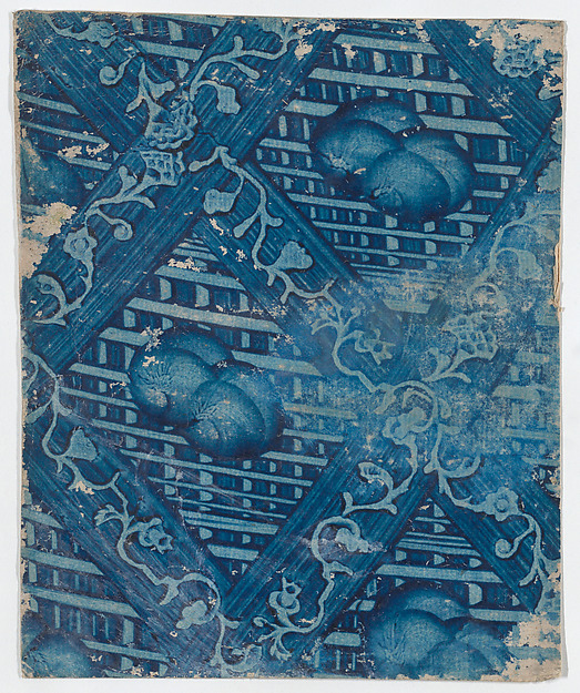 Blue paste paper with striped and floral pattern