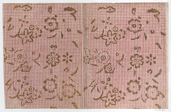 Book cover with red crisscross pattern with green florals