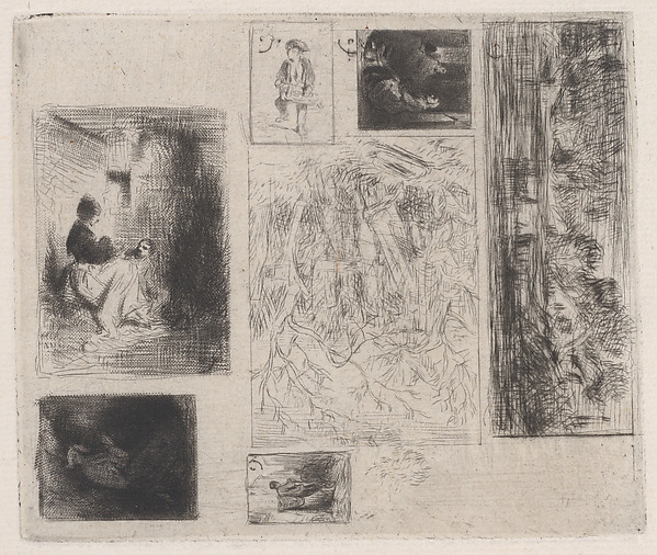 Composite plate: Woman and Children (a), Old Musician (b), Frying Merchant (c),  Landscape (d), Landscape (e), Praying Monk (f), and Scavenger (g)