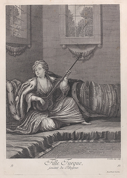 Fille Turque, jouant du Tehegour, plate 51 from "Recueil de cent estampes représentent differentes nations du Levant"