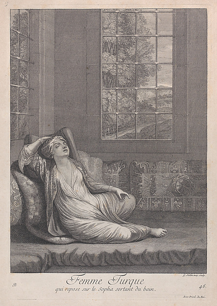 Femme Turque, qui repose sur le Sopha sortant du bain, plate 46 from "Recueil de cent estampes représentent differentes nations du Levant"