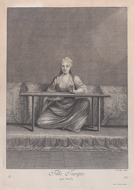 Fille Turque, qui brode, plate 52 from "Recueil de cent estampes représentent differentes nations du Levant"
