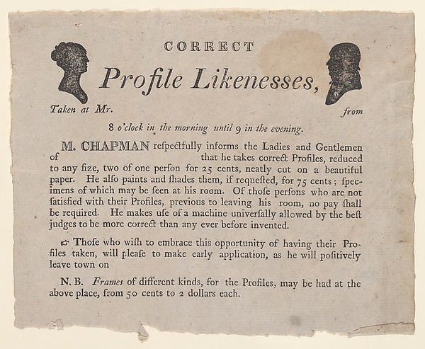 Advertisement for profile likenesses by Moses Chapman by Anonymous