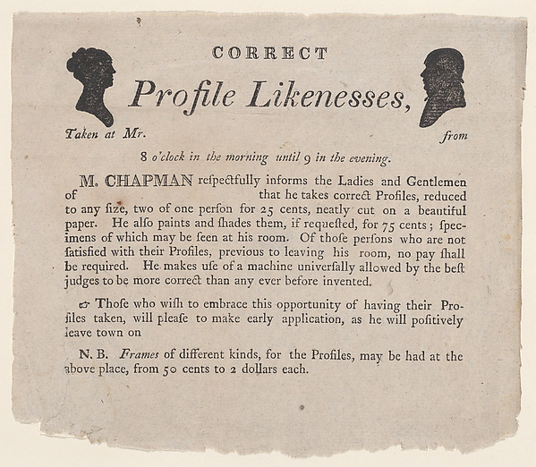 Advertisement for profile likenesses by Moses Chapman