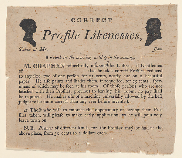 Advertisement for profile likenesses by Moses Chapman by Anonymous