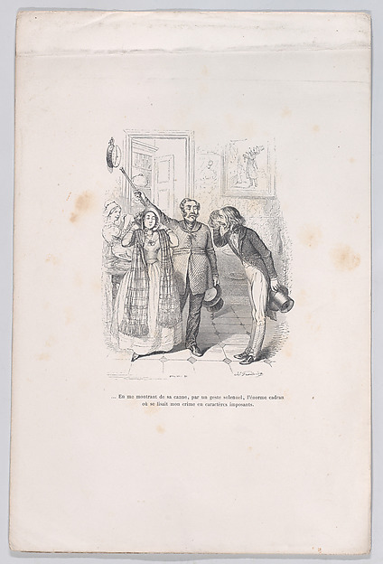Pointing me to the evidence of my crime with his cane, from "Little Miseries of Human Life"