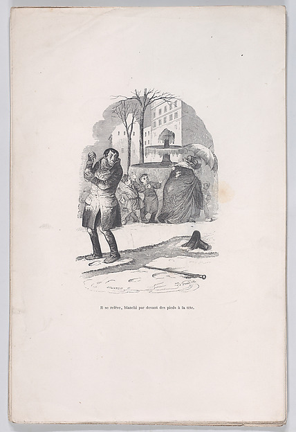 "He gets up, covered from head to toe in snow." from the Little Miseries of Human Life