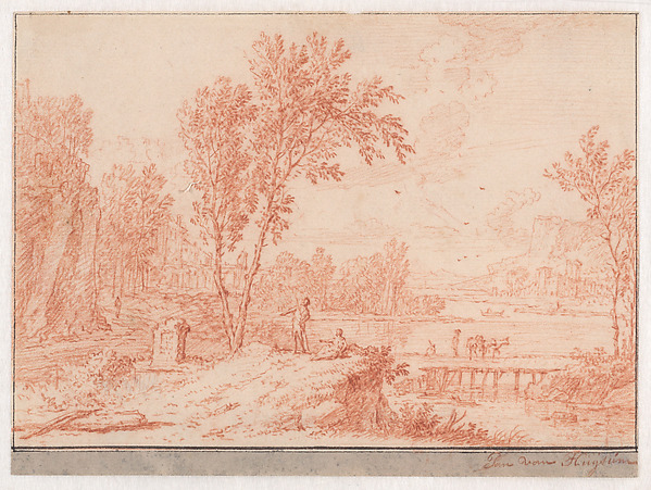 A Classical Landscape with Travelers by a Lake