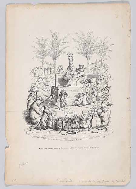 "After accepting a glass of sweet water, the illustrious orator descends from the platform" from Scenes from the Private and Public Life of Animals 