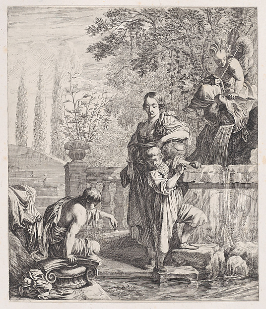 Standing Woman with a Child near a Fountain