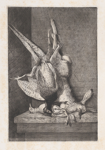 Hunting trophy with game birds and rabbit, from "L'Artiste"