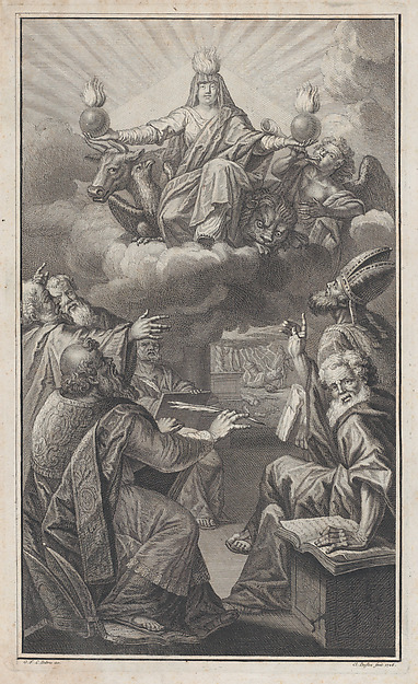 Allegorical figure appearing on clouds overhead while a group of men gathered below look up in astonishment