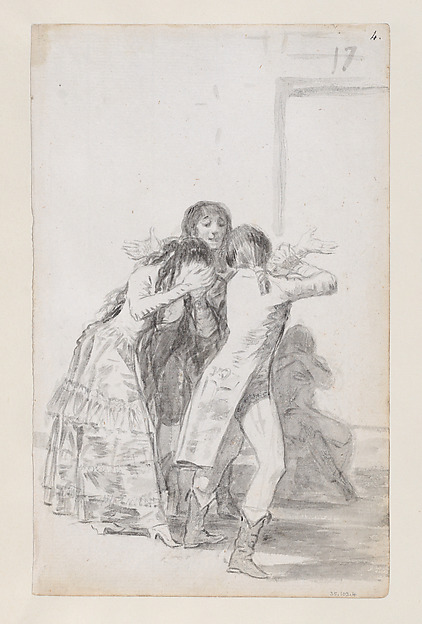 Young woman weeping and covering her face with her hands, accompanied by men; folio 17 (recto) from the Madrid Album 'B'