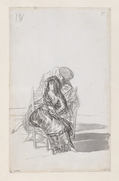 Maja seated on a chair and two companions behind; folio 18 (verso) from the Madrid Album 'B'