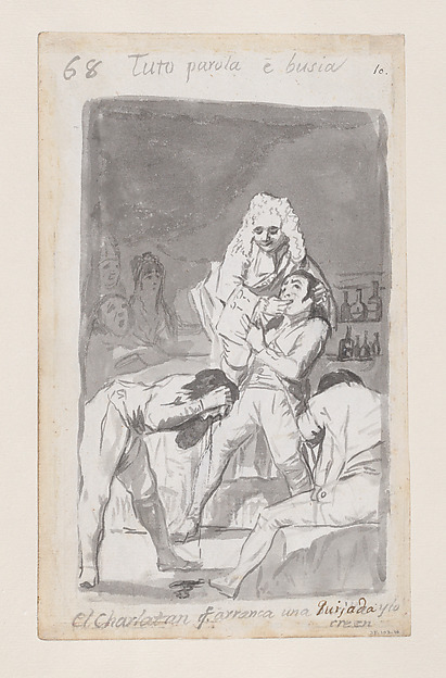 A charlatan extracting a tooth from a patient's mouth, figure in the foreground vomiting; folio 68 (verso) from the Madrid Album 'B'