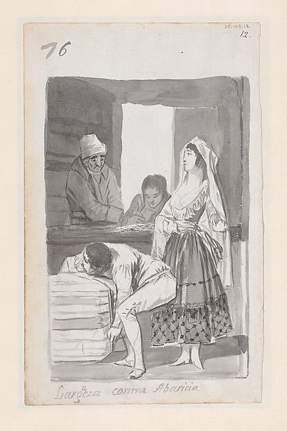 'Generosity versus Greed', a woman and three men conducting a transaction inside a shop; folio 76 (recto) from the Madrid Album 'B'