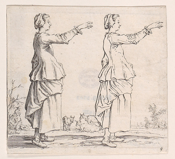 La Paysanne Torunée a Droite, la Main Tendue en Avant (The Peasant Woman Turned to the Right, her Hand Extended Forward), from Varie Figure (Various Figures), plate 9