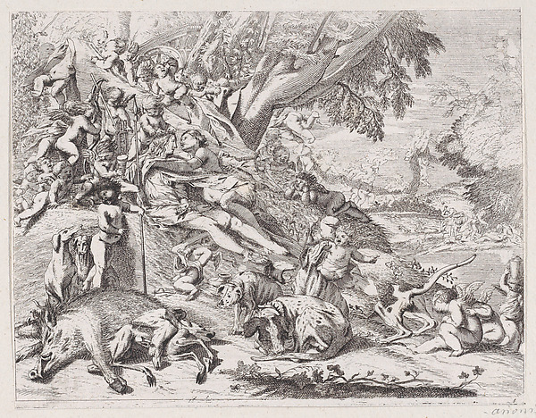 Venus and Adonis embracing after the hunt