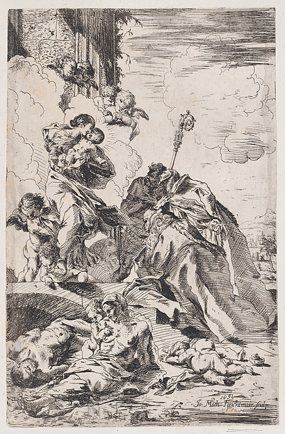 Three Lucchese saints Sts Nicholas Tolentino, Nicholas of Bari interceding with the Virgin for the victims of the plague