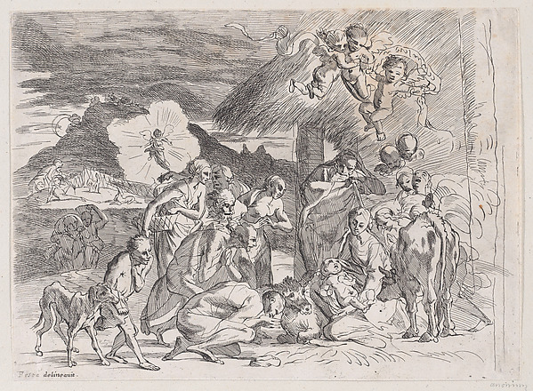 The adoration of the shepherds who gather at left, angels holding a banderole upper right by Anonymous, 18th century