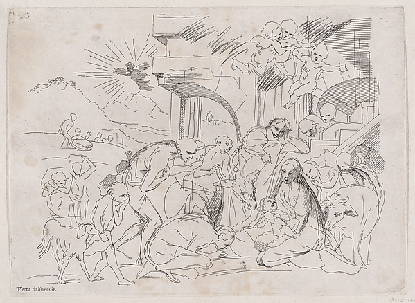 The adoration of the shepherds who gather at left, angels holding a banderole upper right by Anonymous, 18th century