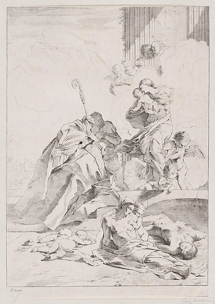 Three Lucchese saints Sts Nicholas Tolentino, Nicholas of Bari and Roch interceding with the Virgin on behalf of the victims of the plague 