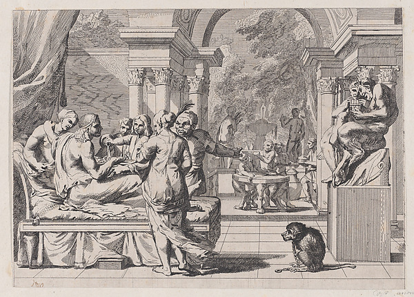 The prodigal son seated on a couch being served wine, revelers in the background, a monkey wearing a collar and chain in the lower right by Anonymous, 17th century