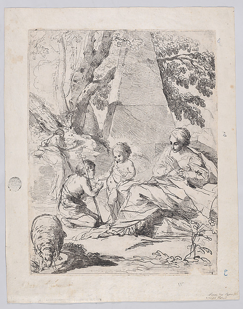The Virgin at the right with the Christ Child and St John the Baptist at left, a pyramid structure in the background by Anonymous, 18th century