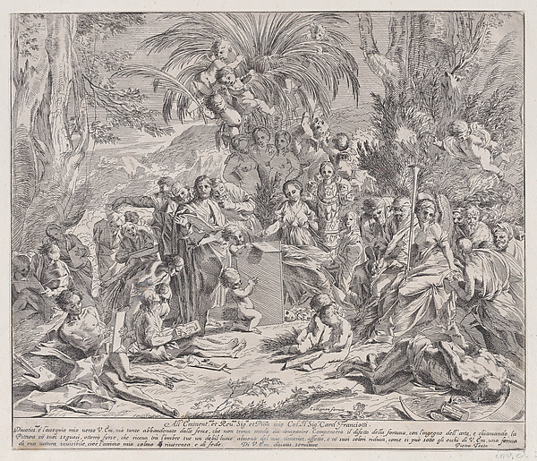 An allegory of painting, who as an child in the centre left draws on a tablet, surrounded by figures, many of whom are drawing