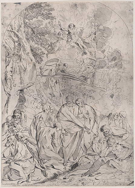 Saint Peter standing in the centre surrounded by Apostles distraught at the death of Christ who is shown ascending from the tomb in the upper section by François Collignon