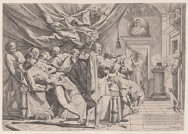 The suicide of the philosopher Cato, who lies on his bed pulling out his innards watched by horrified disciples