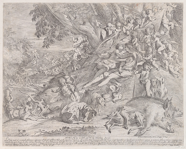 Venus and Adonis, surrounded by many putti, reclining after the hunt, with a dead boar in the lower right
