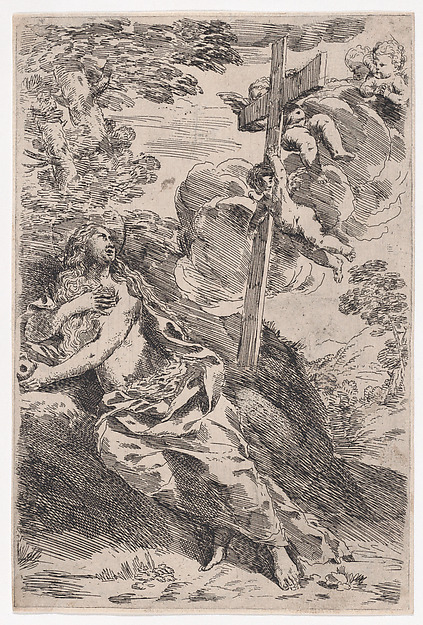 Mary Magdalene in the desert, a cross borne by angels at the right