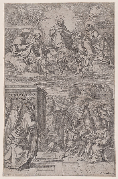 Ecclesiastics in a landscape writing, other in the heavenly realm above