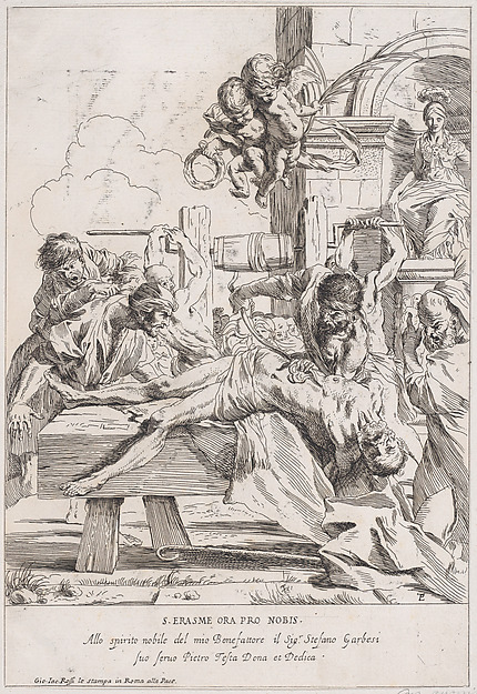 The martyrdom of Saint Erasmus who is prostrate having his innards removed
